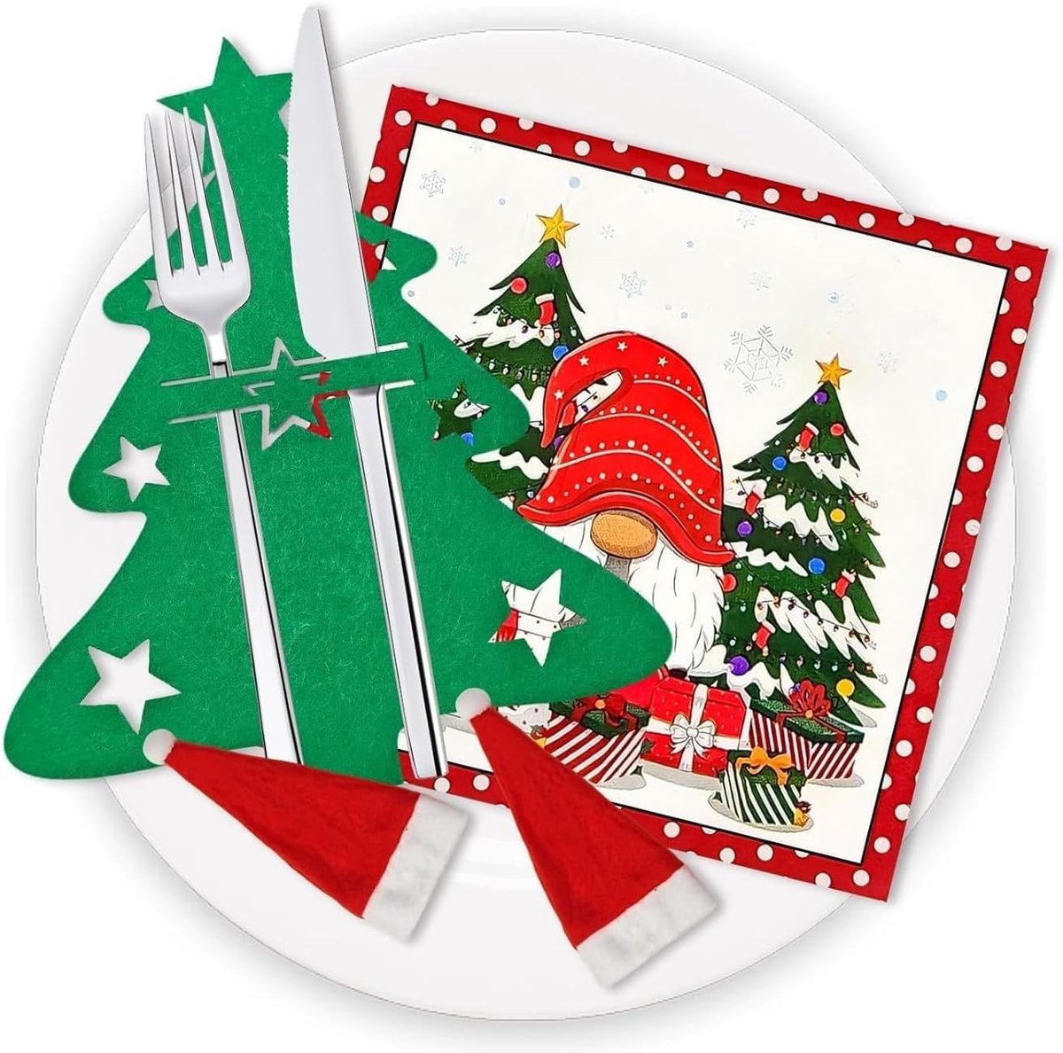 Kerstserviesset - Groen - Vilt Bestekhouders met Kerstboom Motief - Voor Feestelijke Tafeldecoratie