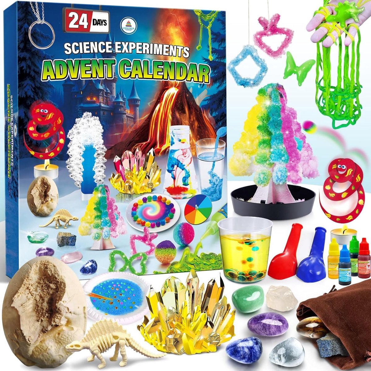 Adventskalender - 24 experimenten en opgravingsset - Educatief STEM speelgoed voor kinderen - Kristallen en fossielen ontdekken
