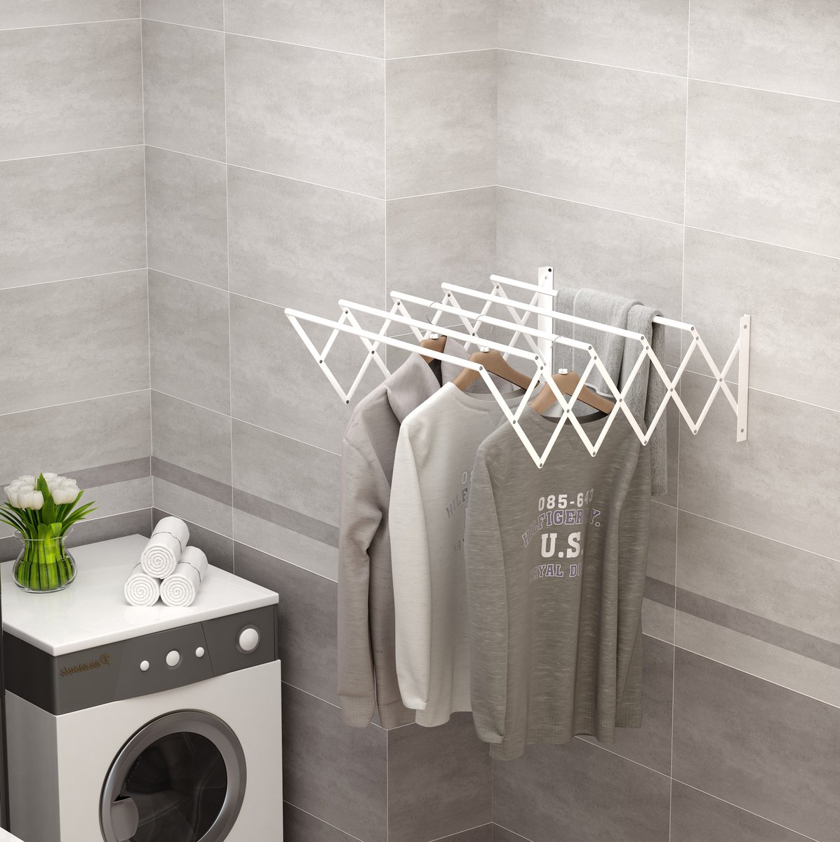 Wanddroogrek – Uitschuifbaar en Inklapbaar – 63,5 x 60 x 20 cm – Metaal – Wit – Binnen en Buiten