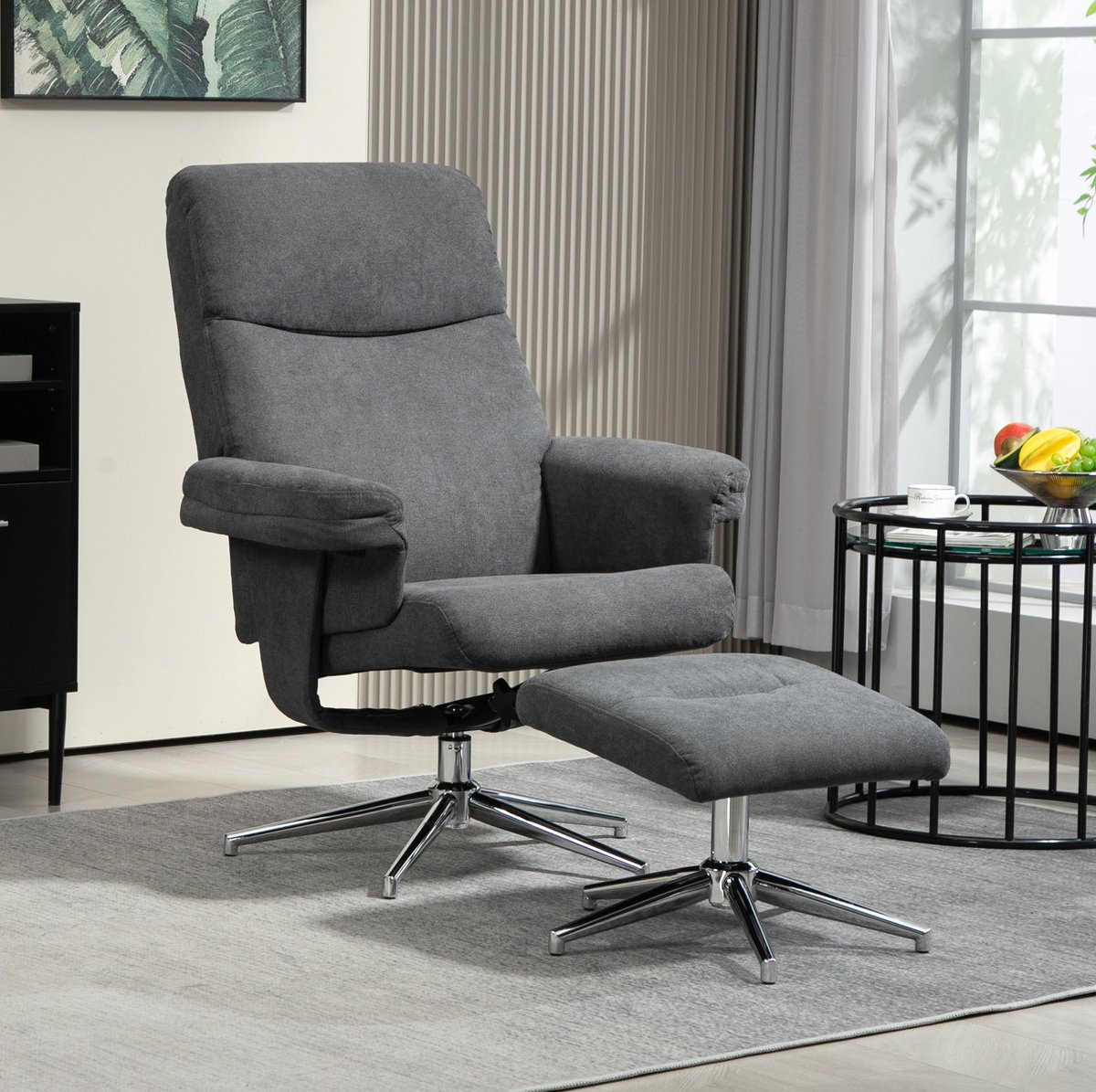 MODFU Relaxfauteuil Met Hocker - Handmatig Verstelbaar Tot 130° - Donkergrijs