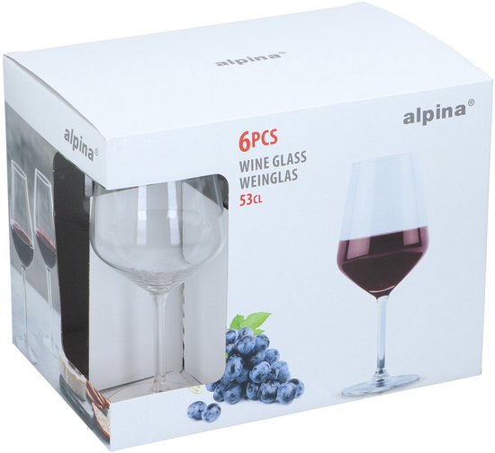 Doos met 6 wijnglazen, 53cl, van helder glas, met een afbeelding van druiven.