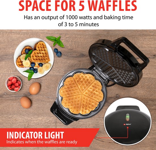 alpina Wafelmaker Hartvorm - Wafelijzer Hartvorm - Wafelmaker voor Hartwafels - Belgisch Wafelijzer 1000W - Zwart — afbeelding 4