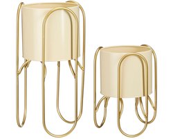 Mica Decorations Donau Bloempot op Standaard - Set van 2 - Metaal - H45 x Ø23 cm - Lichtgeel, Goud