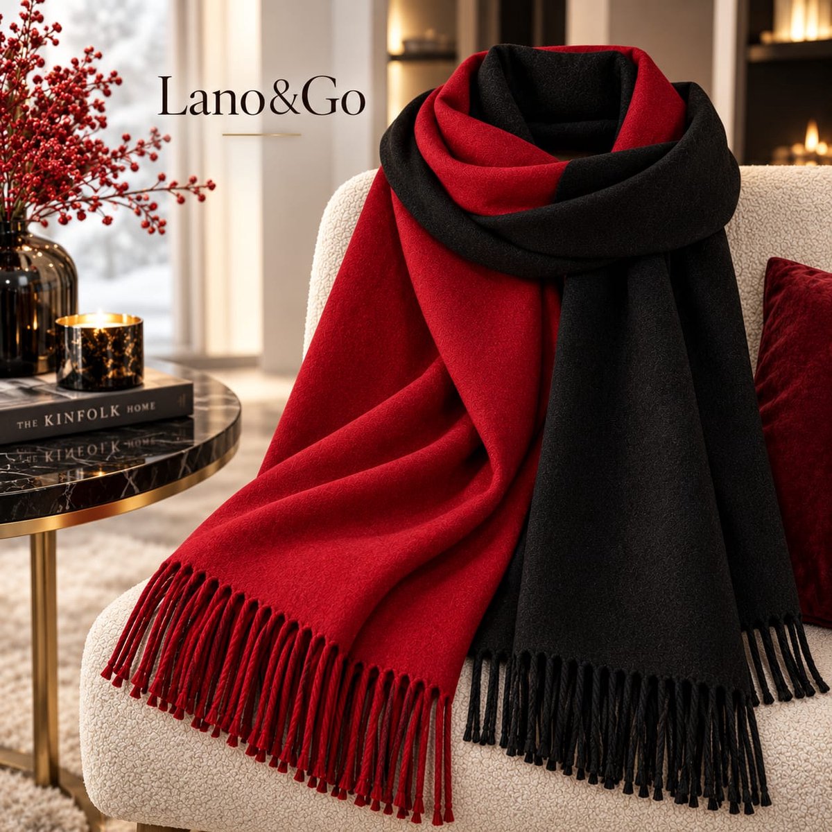 Lano&Go Wintersjaal voor Dames - Omkeerbare Sjaal met Kwastjes - Rood/Zwart - Grote Warme Sjaal