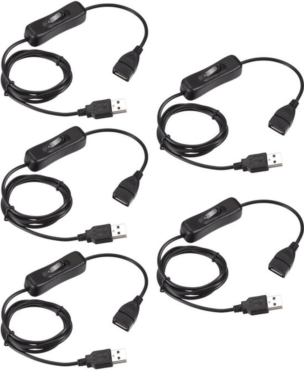 Dailygoody - USB-verlengkabel - 5 stuks - met aan-/uitschakelaar - zwart - 1 meter