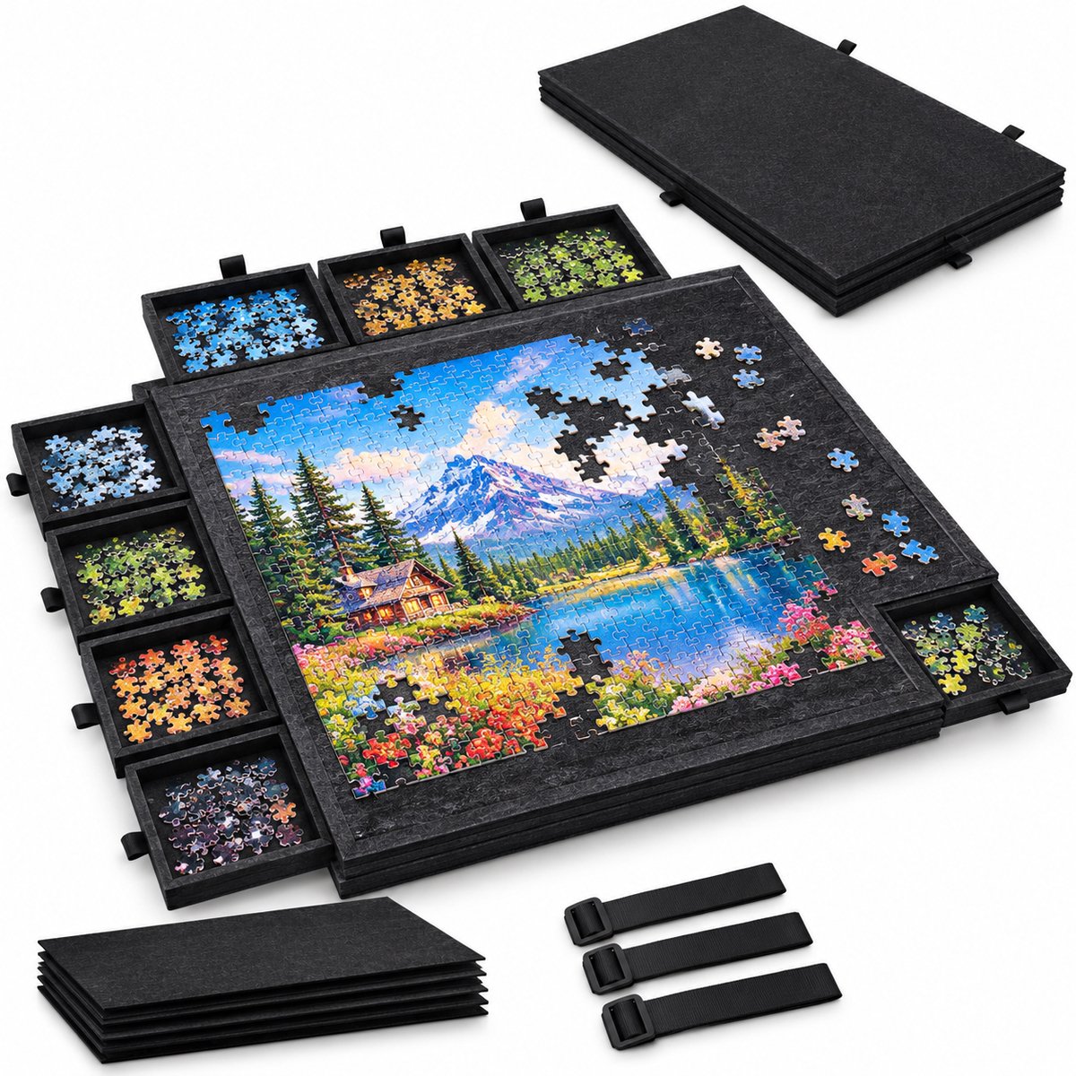 Currero Puzzeltafel Met Lades 1000 Stukjes - Puzzelbord - Puzzelmat - Opbergsysteem - Vilt - Met Deksel - Legpuzzel Accessoires - 1000 Pcs Zwart