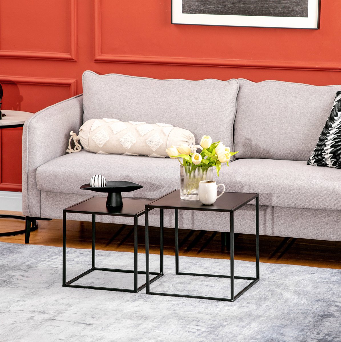 MIVRAY Bijzettafelset - Twee Vierkante Tafels Met Stalen Frame - Flexibel Voor De Woonkamer - Zwart Staal - 40x40x40 En 35x35x35 Cm