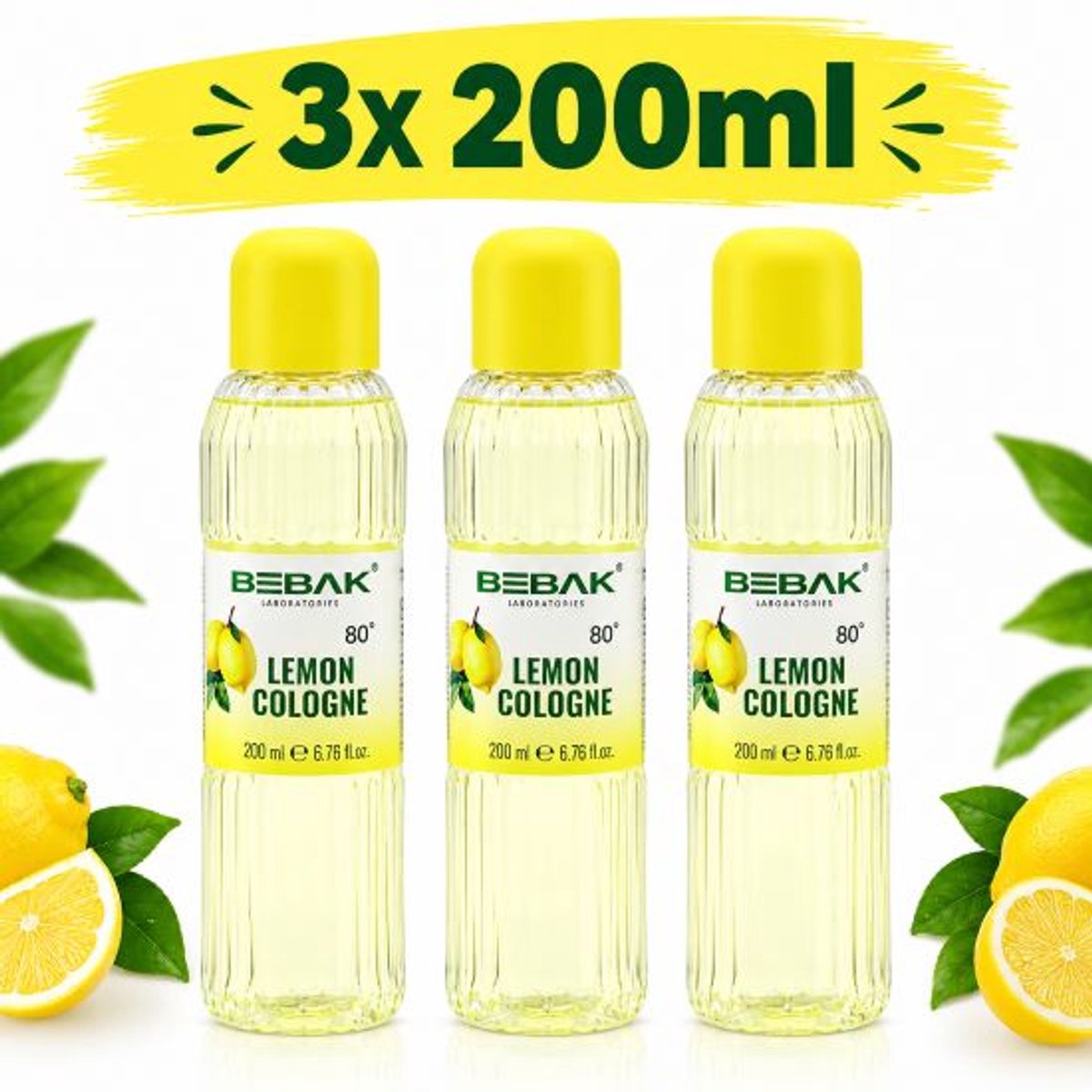 Bebak Limon Kolonyası 80° – 3x 200 ml PET Voordeelverpakking | Citroen Eau de Cologne | Handhygiëne & Verfrissende Geur | Turkse Klassieke Cologne
