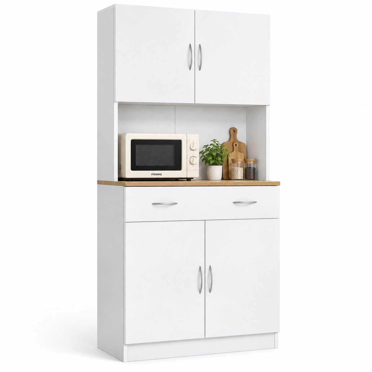ITRONIQ Keukenkast Met 4 Deuren en Lade - Buffetkast Met Magnetronkast - Opbergkast Met Verstelbare Planken - 80x40x180 CM - Wit
