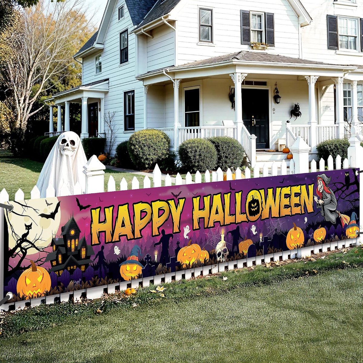 KZQ Halloweenversieringen - Lange Halloweenbanners - Stoffen banners - Muurbanners - Halloween muur- en tafeldecoraties - Met 10 meter wit lint - 120x20 in - Paars