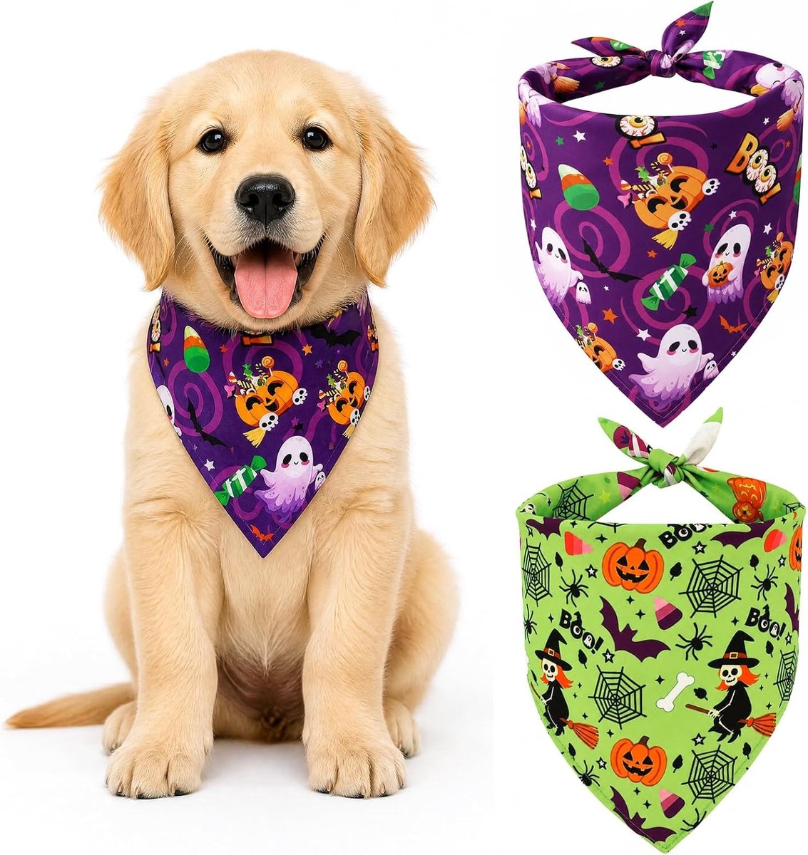 Verstelbare driehoekige sjaal voor honden met pompoenpatroon, Halloween-kostuum voor kleine en middelgrote honden, 2 stuks