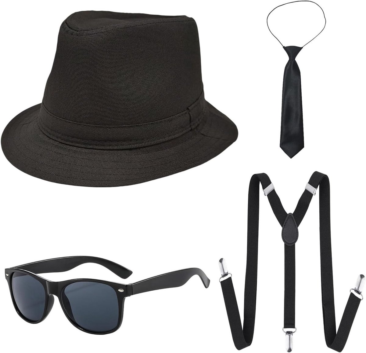 Gangster Kostuum voor Volwassenen met Fedora Hoed, Braces, Stropdas en Zonnebril - Perfect voor 1920s Gatsby en Mafia Themafeesten