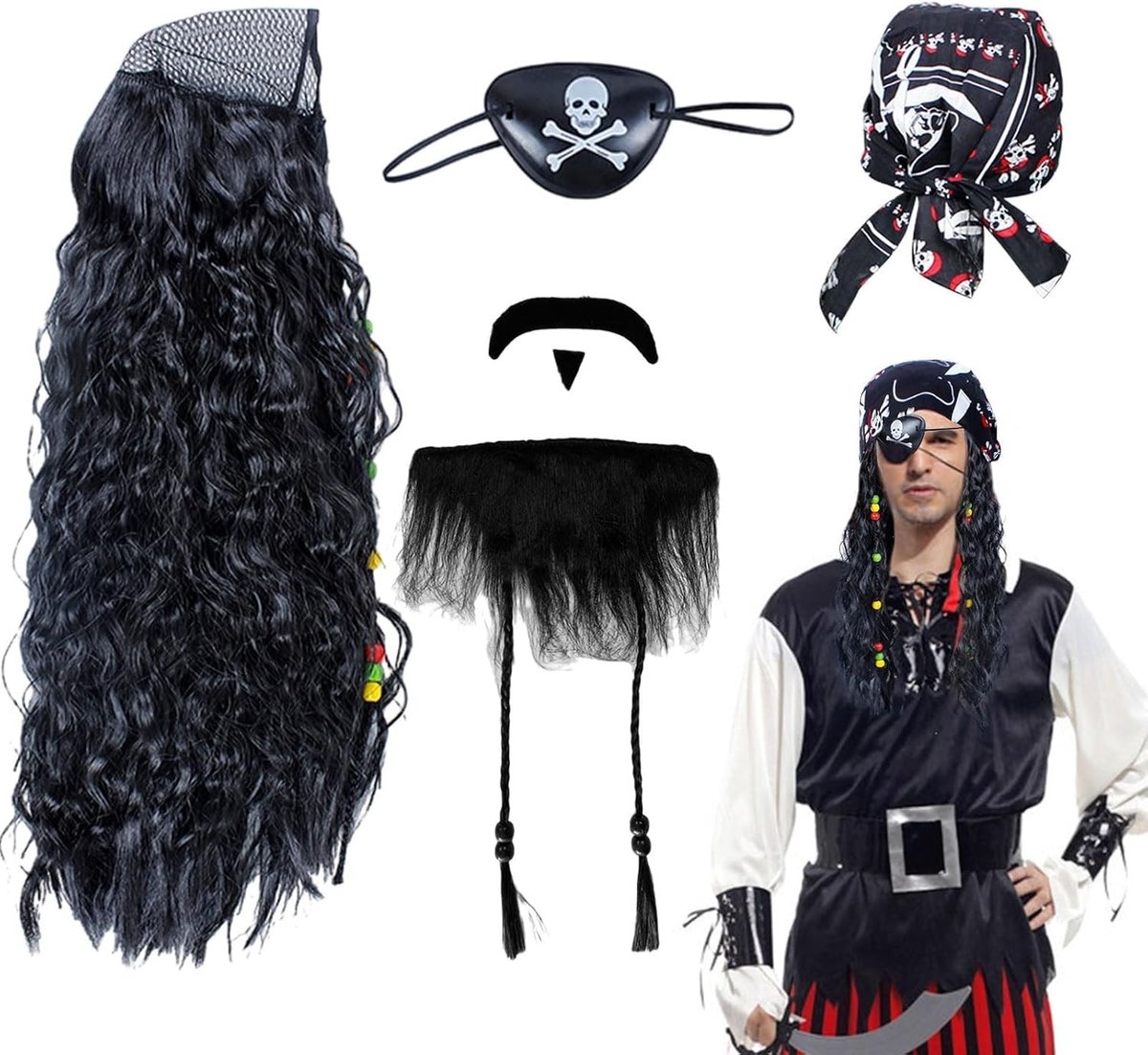 4-delige zwarte piratenkostuum set voor volwassenen en kinderen met piratenhoed, baard en ooglapje voor Halloween en carnaval