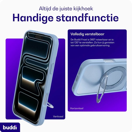 Lichtblauwe telefoonhoes met een ringstandaard die horizontaal en verticaal geplaatst kan worden.