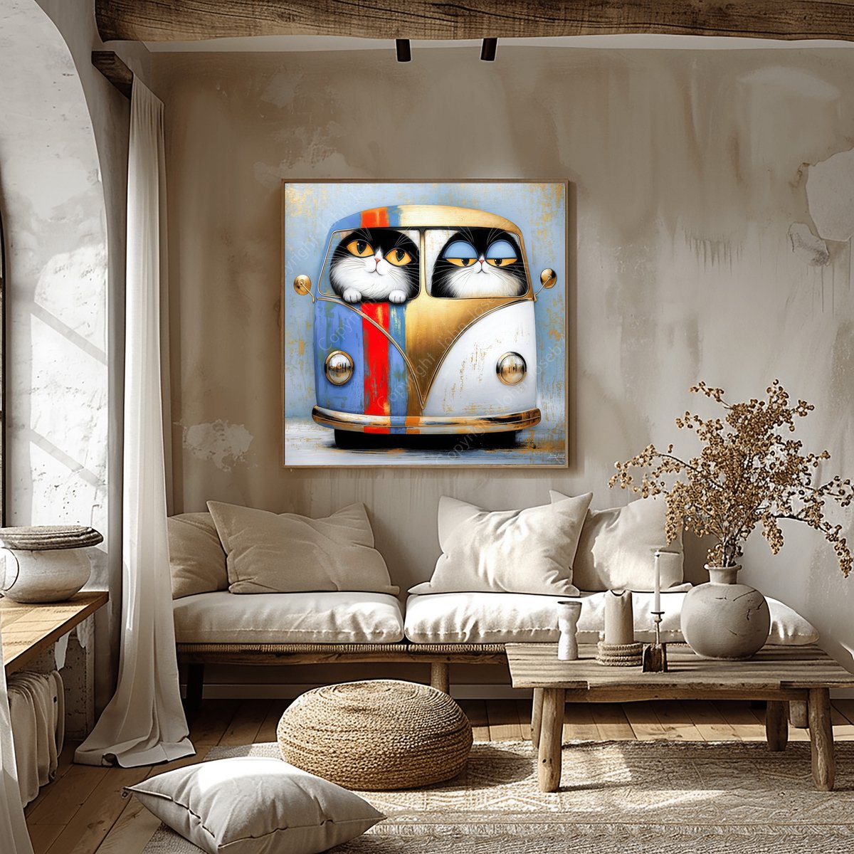 John Joseb Art (Glas) 100x100 | Gekke grappige poezen in klassieke auto bus, vierkant, humor, kunst, poes, kat, dier, blauw, goud, rood, modern | Foto-schilderij-glasschilderij-acrylglas-acrylaat-wanddecoratie