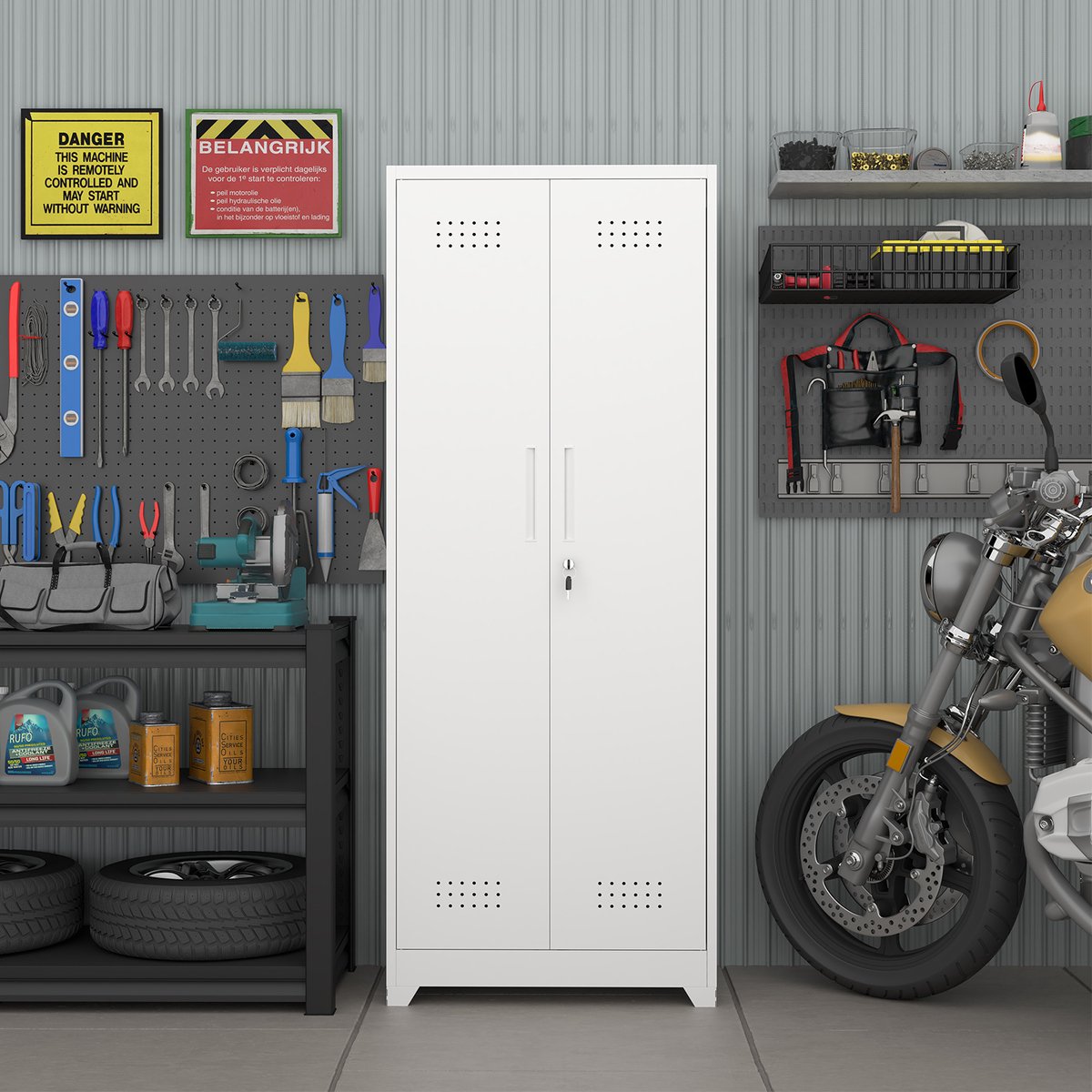 REDOM - Metalen opbergkast - 3 verstelbare planken - Hangstang en S-haken - Dubbele deuren met slot - Geventileerd - Garage - Staal - Wit - 165 x 60 x 40 cm