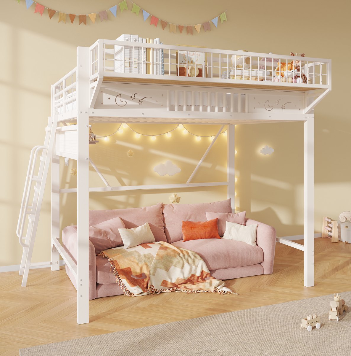 STILVORA Hoogslaper 140 x 200 cm – Metalen Bedframe – Opbergruimte & Open Onderbed – Verplaatsbare Trap – Zonder Matras – Wit