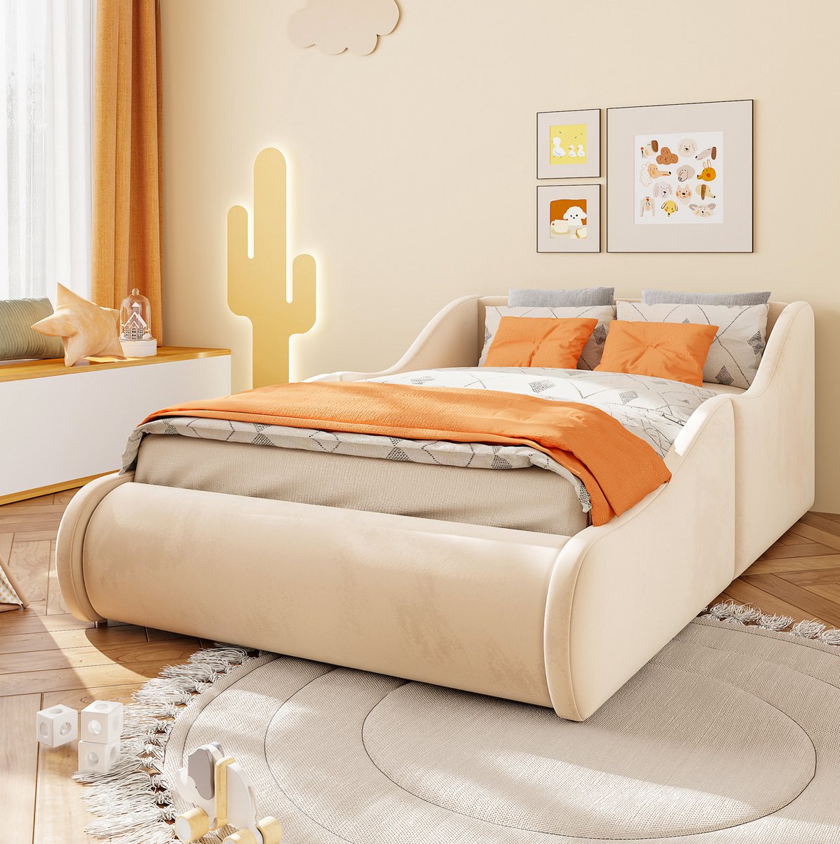 STILVORA Kinderbed 90x200 cm - Gestoffeerd Eenpersoonsbed Met Hoog Hoofdbord En Zijhekken - Lattenbodem - Fluweel - Beige - Zonder Matras