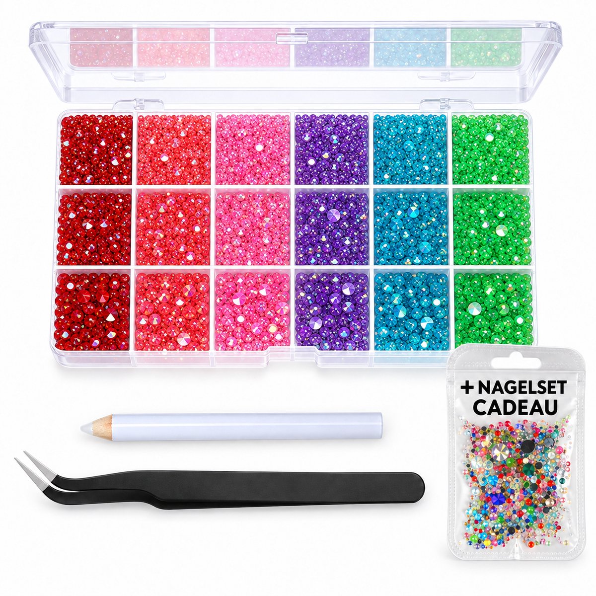 Currero Bedazzle Kit - Bedazzling - Plakstenen - Strass Steentjes - DIY Versieren - Set Met 14.500 Steentjes - 18 Vakken - Nagel Decoratie - AB Glitter - 3/4/5mm - Stijl F