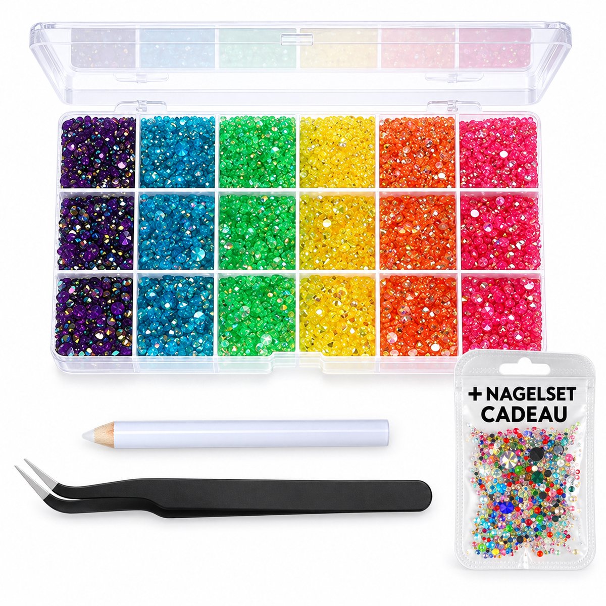 Currero Bedazzle Kit - Bedazzling - Plakstenen - Strass Steentjes - DIY Versieren - Set Met 14.500 Steentjes - 18 Vakken - Nagel Decoratie - AB Glitter - 3/4/5mm - Stijl A