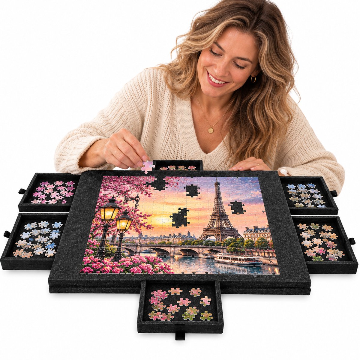 Currero Puzzeltafel Met Lades 1000 Stukjes - Puzzelbord - Puzzelmat - Opbergsysteem - Vilt - Met Deksel - Legpuzzel Accessoires - 1000 Pcs Zwart