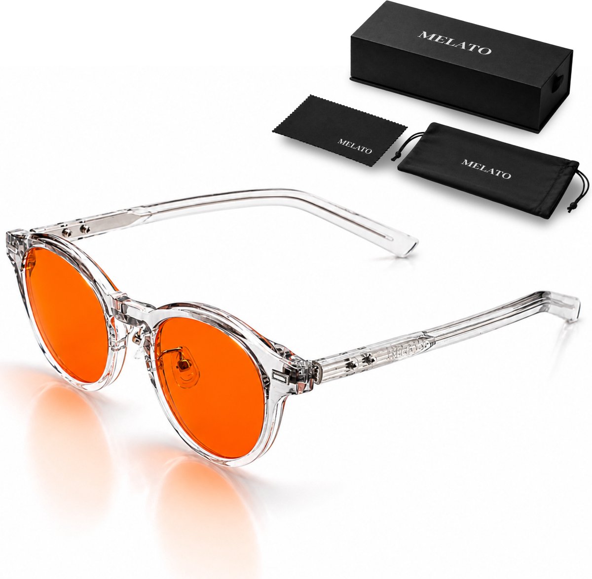 Melato Nox Blauw Licht Bril - Avondbril - 100% Blauwlichtfilter - Computerbril - Oranje Lens - UV400 - Premium - Acetaat Frame - ANSI & ISO Gecertificeerd - Wetenschappelijk Getest - Blauwlichtbril - Inclusief Luxe Doos, Pouch & Doekje - Transparant