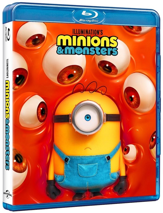 Blu-ray hoes van Minions & Monsters met een Minion in het midden omringd door oogballen in oranje slijm.