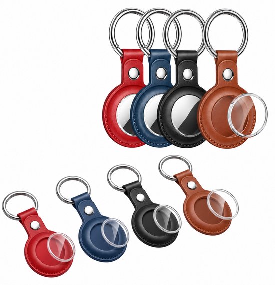 Set van vier AirTag sleutelhangers in rood, blauw, zwart en bruin leer, met zilveren ringen.