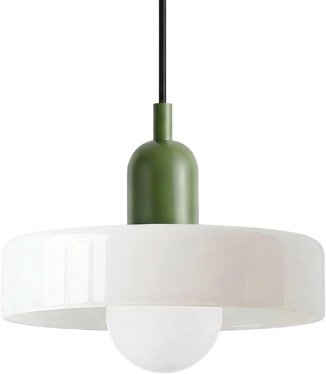 Ronde Glazen Hanglamp - Wit - 25 cm - Moderne Hanglamp met Groene Accenten - Voor Keuken, Eetkamer en Slaapkamer
