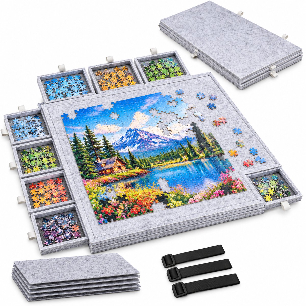 Currero Puzzeltafel Met Lades 1000 Stukjes - Puzzelbord - Puzzelmat - Opbergsysteem - Vilt - Met Deksel - Legpuzzel Accessoires - 1000 Pcs Grijs