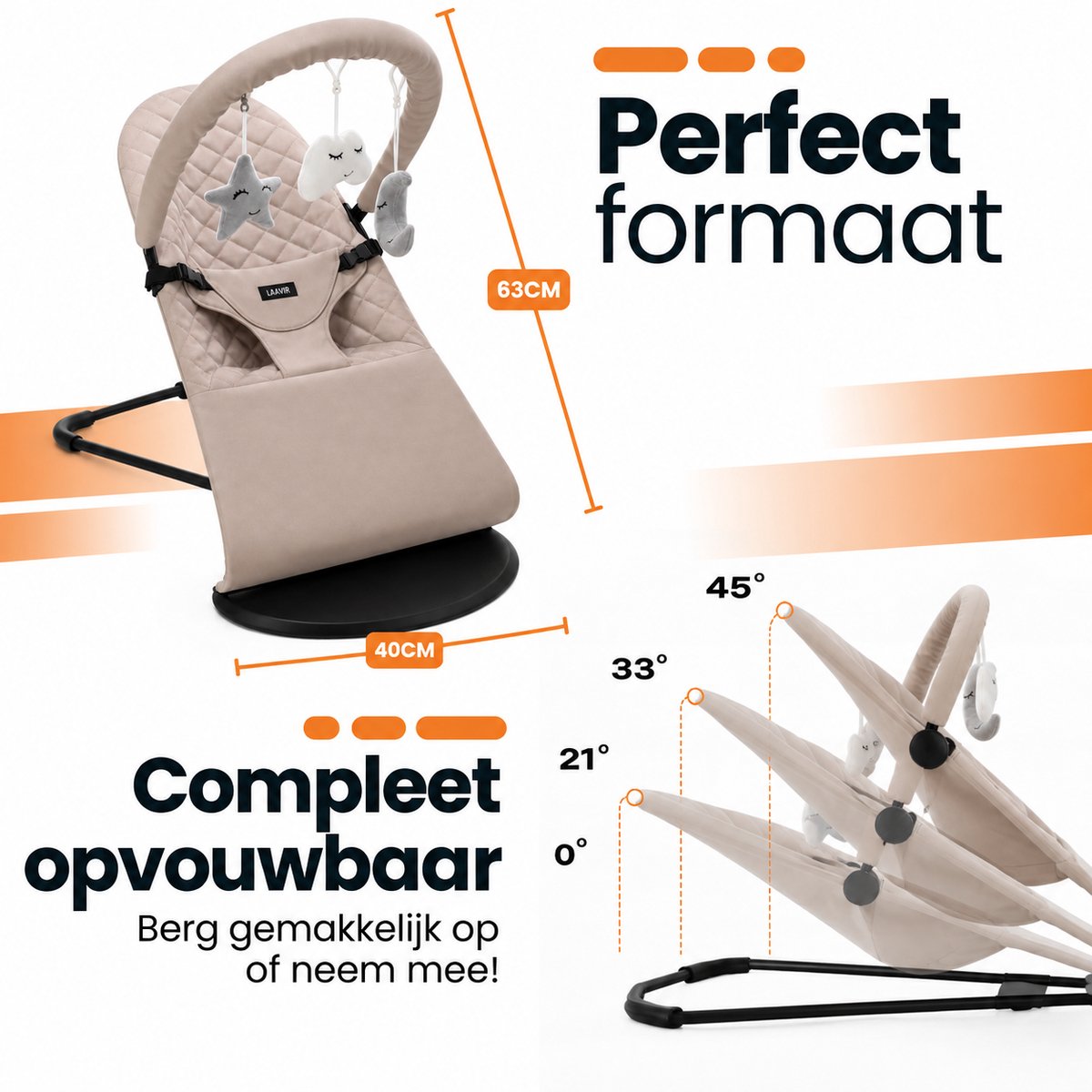 Laavir® Baby Wipstoel Beige | Extra Compact Opvouwbaar | Verstelbare Rugleuning | Inclusief Speelboog met Speeltjes | Inklapbaar & Draagbaar | Veiligheidsgordel | Vanaf 0 Maanden – foto 5