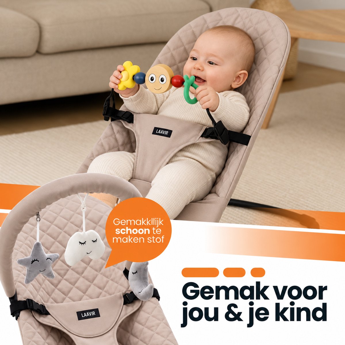 Laavir® Baby Wipstoel Beige | Extra Compact Opvouwbaar | Verstelbare Rugleuning | Inclusief Speelboog met Speeltjes | Inklapbaar & Draagbaar | Veiligheidsgordel | Vanaf 0 Maanden – foto 3