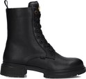 Zwarte leren veterlaars met dikke zool en goudkleurige gesp bij de veter. Merknaam 'MEXX' subtiel op de zijkant.