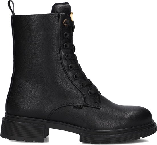 Zwarte leren veterlaars met dikke zool en goudkleurige gesp bij de veter. Merknaam 'MEXX' subtiel op de zijkant.
