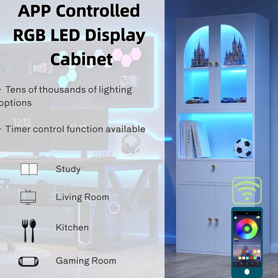DESMIU Vitrinekast - RGB Ledverlichting Via App - Boogdeuren Voor Woonkamer En Kantoor - MDF En Glas - 70x35x180 Cm - Wit — afbeelding 3