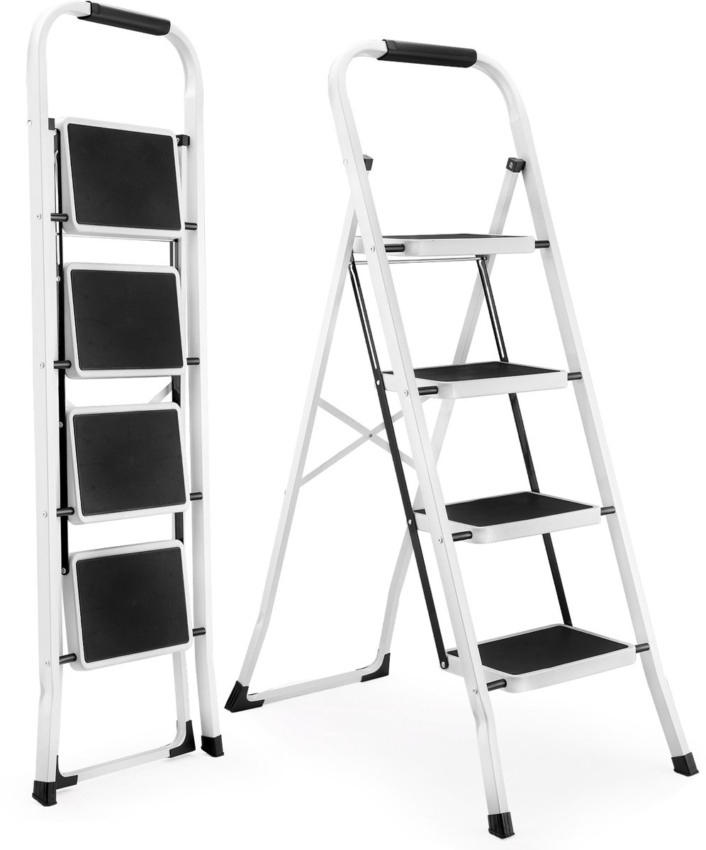 Opklapbare opstapkruk voor volwassenen - Antislip trede - Draagvermogen 150 kg - Voor keuken en thuis - Wit - Inklapbaar en stabiel