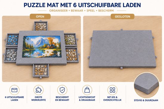 Grijze puzzelmat met 6 uitschuifbare lades, twee configuraties: open en gesloten.