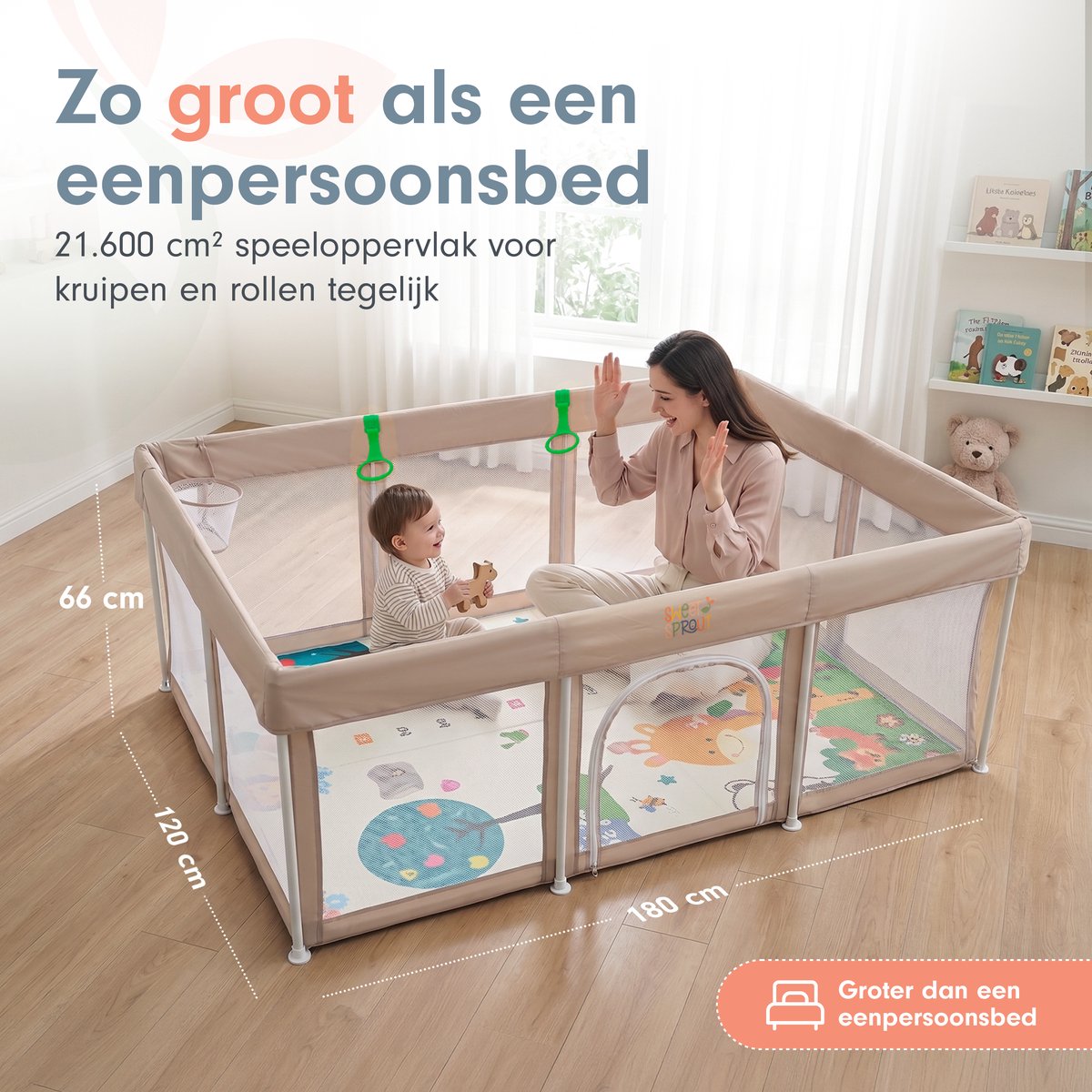 Sweet Sprout Grondbox Inklapbaar - 180x120x66cm - Voor kinderen - Inclusief speelmat foam - Babygym - Playpen - Baby box - Baby bed - Babynestje - Kruipbox - Speelbox - Speelgoed jongens & meisjes 1, 2, 3 jaar - Beige – foto 6