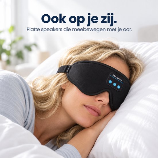 Femme dormant avec un masque de sommeil noir avec haut-parleurs bluetooth. "Aussi sur le côté. Haut-parleurs plats qui bougent avec votre oreille."