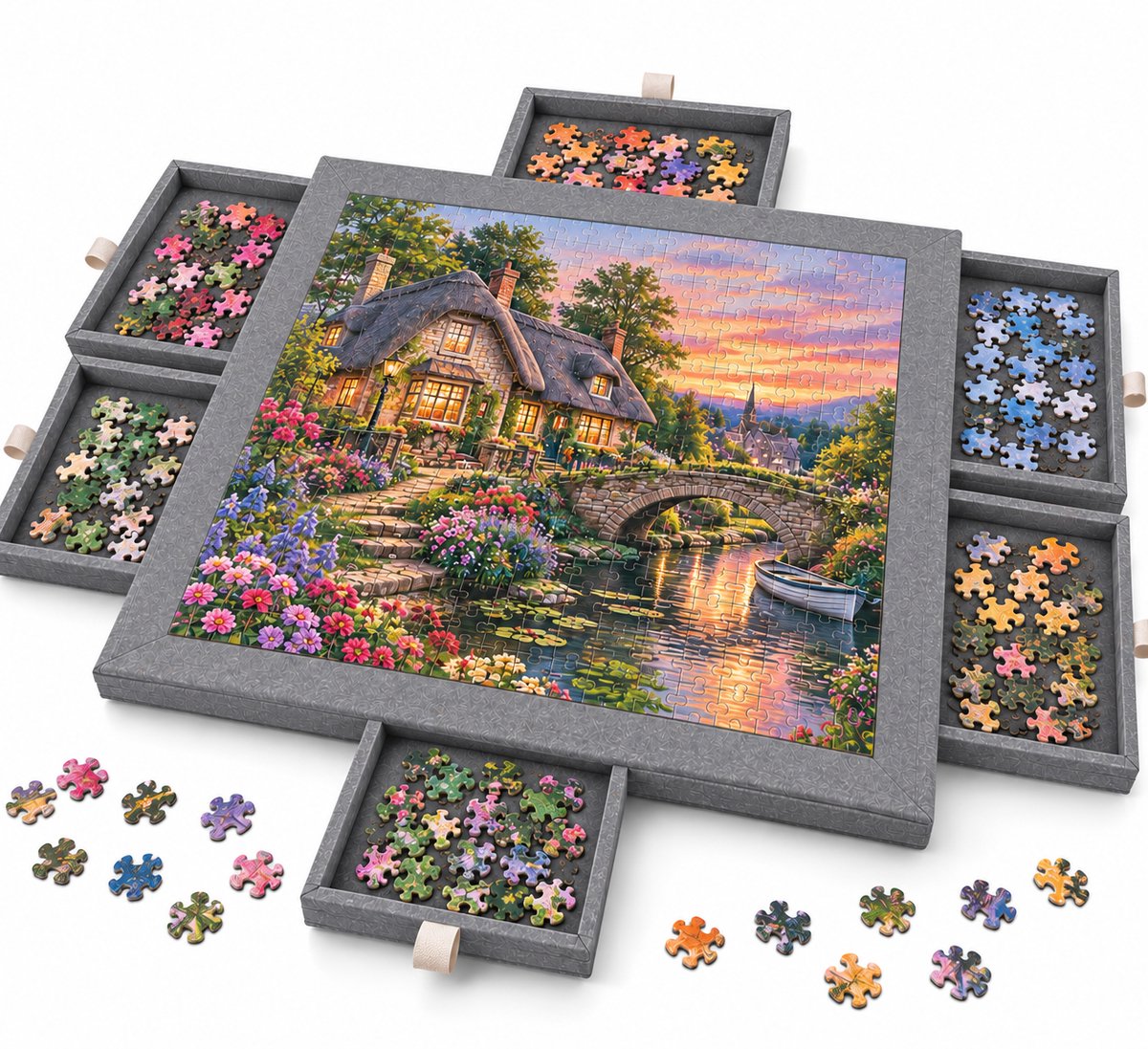 Currero Puzzeltafel Met Lades 1000 Stukjes - Puzzelbord - Puzzelmat - Opbergsysteem - Vilt - Met Deksel - Legpuzzel Accessoires - 1000 Pcs Grijs
