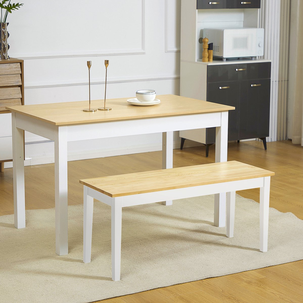MODFU - Eetbank - Voor 2 Personen - Antislip Voetpads - Hout - Wit En Naturel - 102 X 36 X 45 Cm