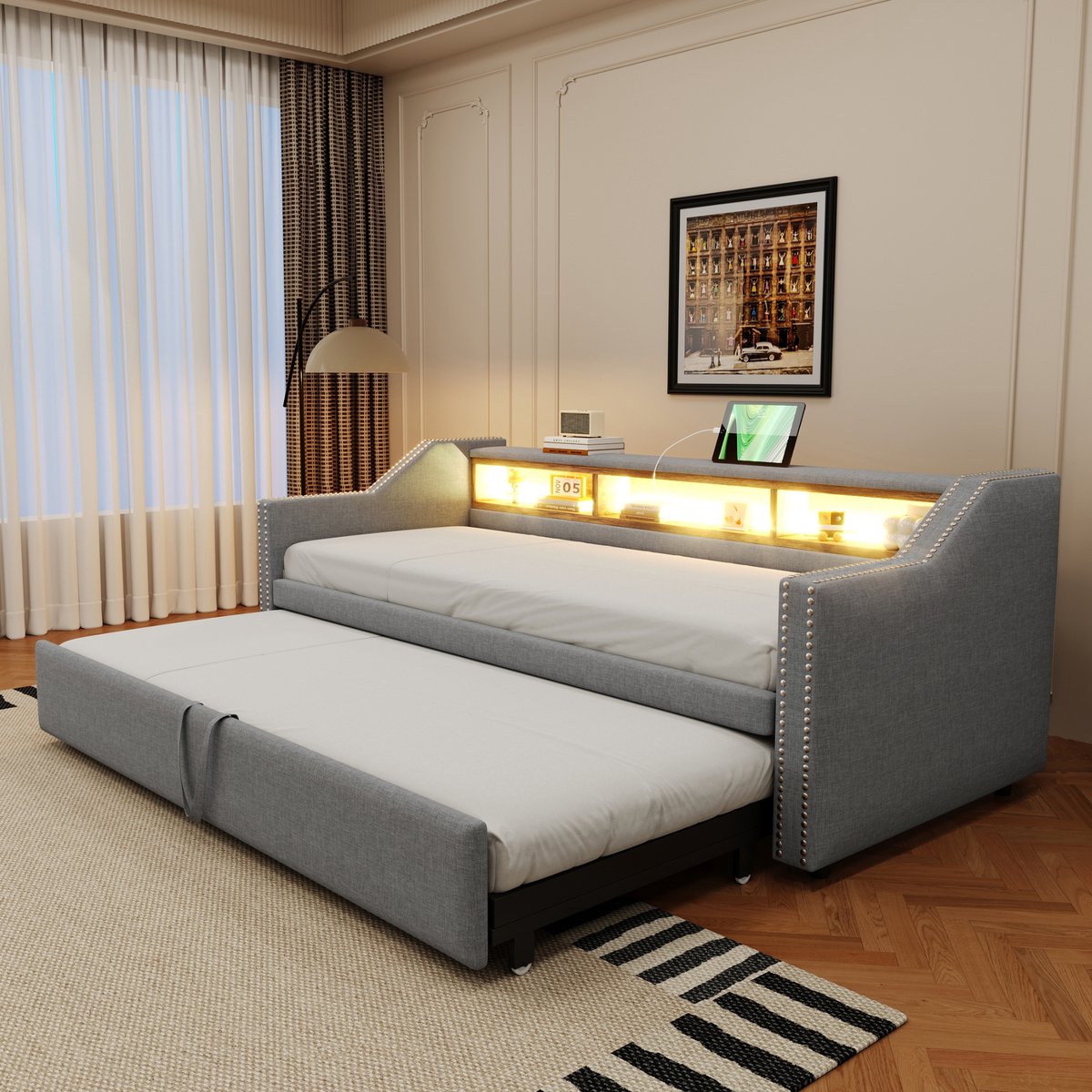 Uitschuifbare slaapbank - Gestoffeerd bed - Met LED verlichting - USB aansluiting - 300 kg draagvermogen - Logeerkamer - 90x190 cm - Lichtgrijs