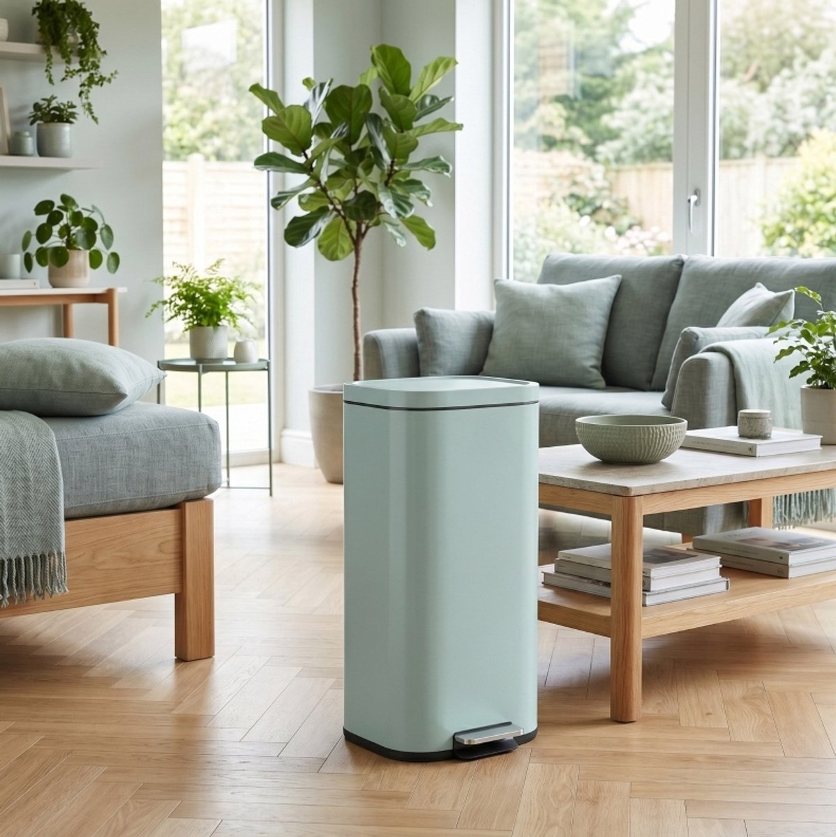 REDOM - Pedaalemmer - 30 liter - Met deksel - Soft-close en 90° openhoudfunctie - Uitneembare binnenemmer - Metaal - Groen - 29 x 36 x 59,5 cm