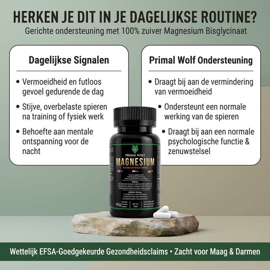 Zwarte pot Primal Wolf Magnesium Bisglycinaat, met tekst over dagelijkse signalen, vermoeidheid, spieren en psychologische functie.