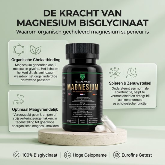 Zwarte pot Primal Wolf Magnesium Bisglycinaat, met tekst over organische chelaatbinding, spieren, zenuwstelsel en maagvriendelijkheid.