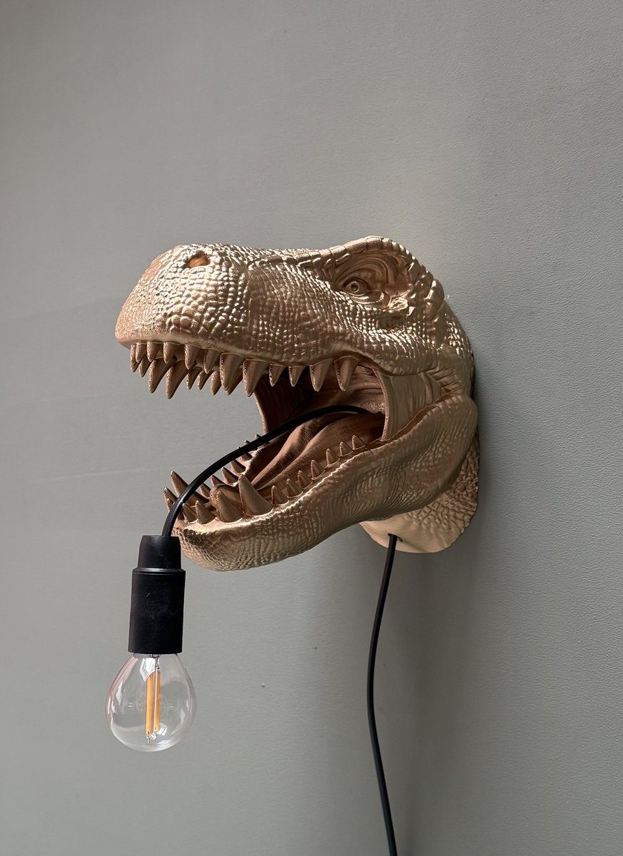 T-Rex Wandlamp - Goud - T-Rex Kop - Dinosaurus Tyrannosaurus Rex - Dierenlamp - E14 Fitting - LED Geschikt - Met Montagesysteem - Voor Woonkamer, Slaapkamer, Kinderkamer en Hal - Sprado Design