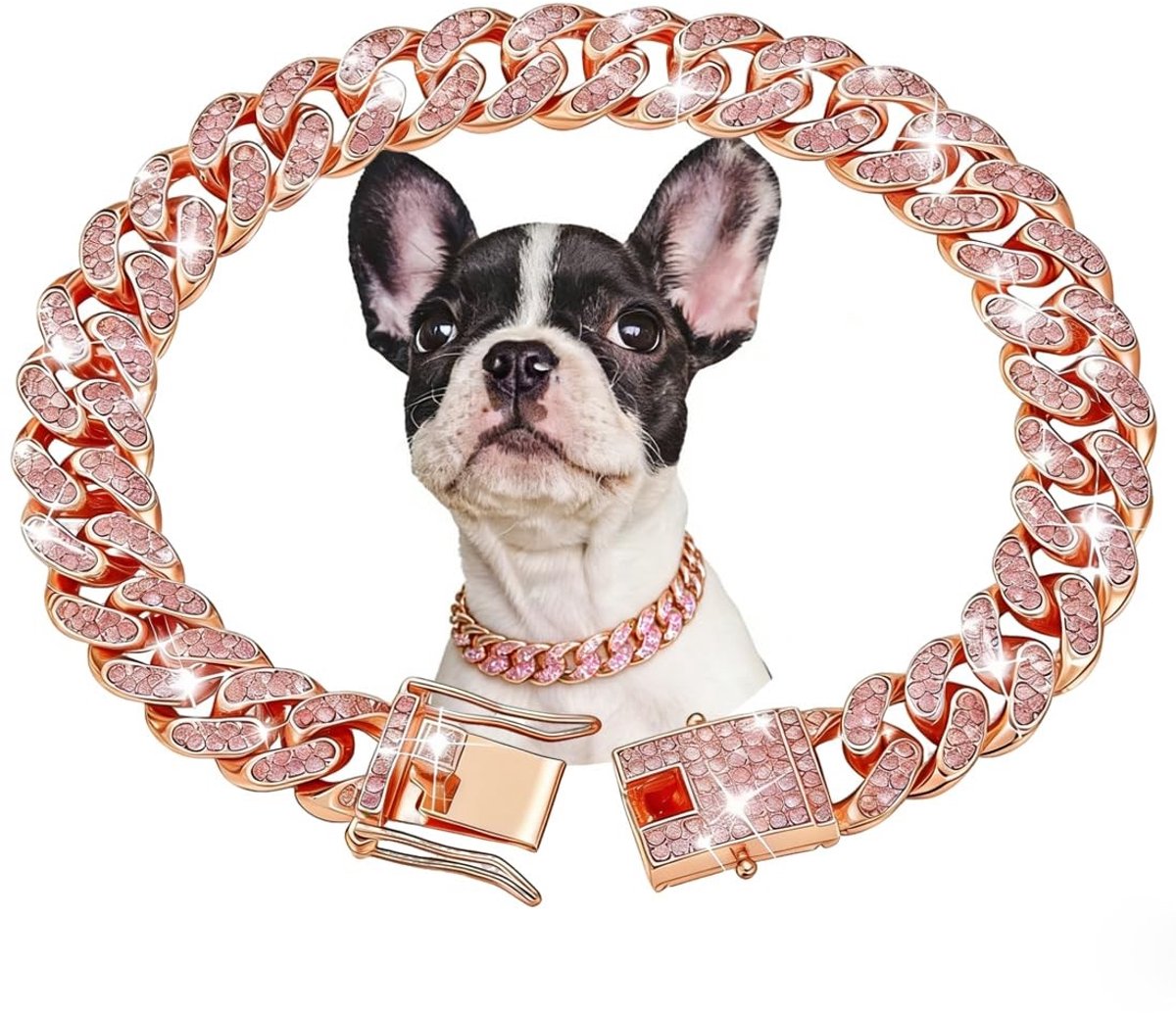 Elzusha - Rose Gold Dog Necklace Dog Collars, Diamond Cuban Link Dog Necklace Collar Walking Metal Dog Necklace with Safe Buckle Cat Necklace Collar Pet Sparkli