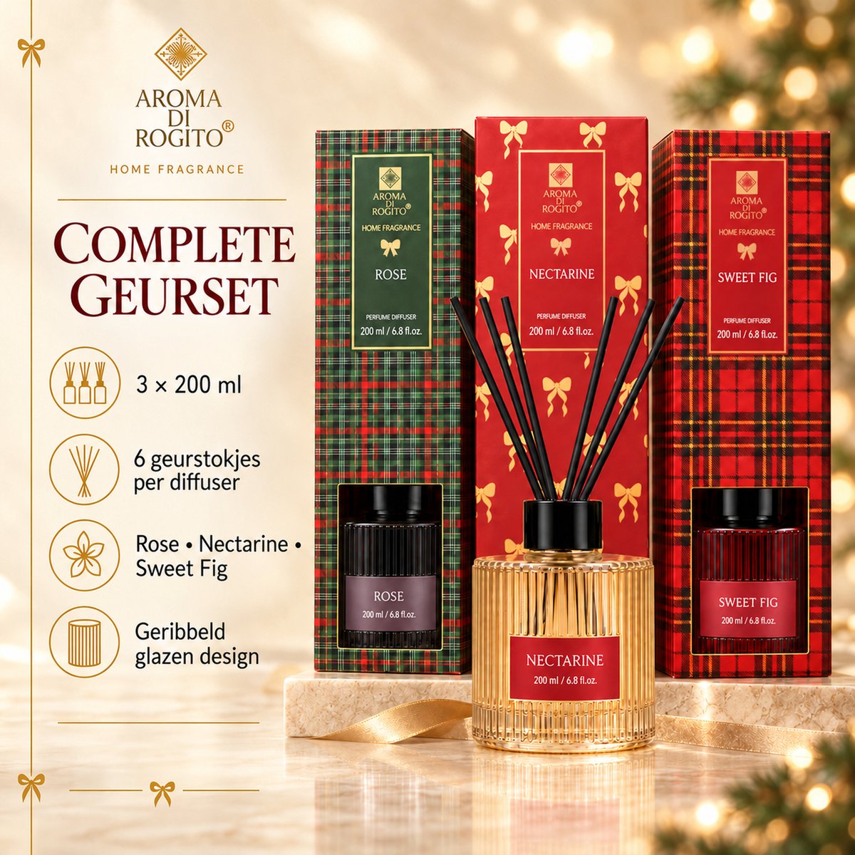 EasyMart Geurstokjes Set 3-Delig - Huisparfum & Geurverspreider - Premium Diffuser Set - 3x 200ml met Rotan Stokjes - Rose, Nectarine & Sweet Fig - Luxe Interieur Geur voor Woonkamer, Badkamer & Toilet — cadeau in Wonen & Interieur - foto 4