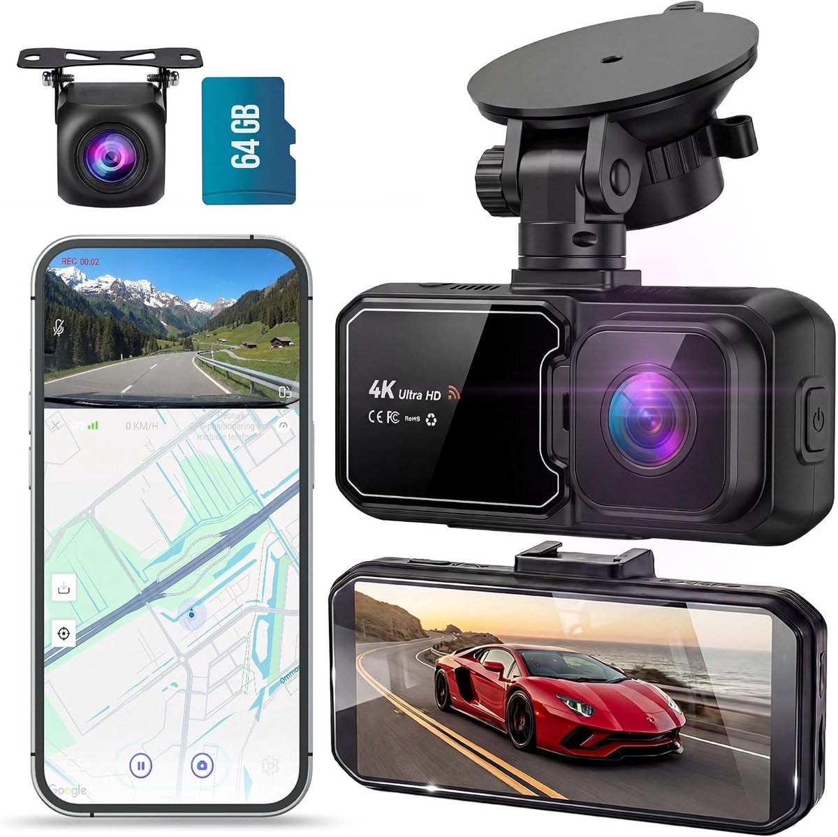 Dashcam 4K - Zwart - Met Voor- en Achtercamera - Ultra HD met Wifi en GPS - Voor Auto's