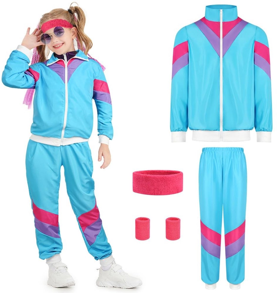Elzusha - Retro Kostuum 80s 90s - Inclusief Top, Broek, Polsbanden en Hoofdband
